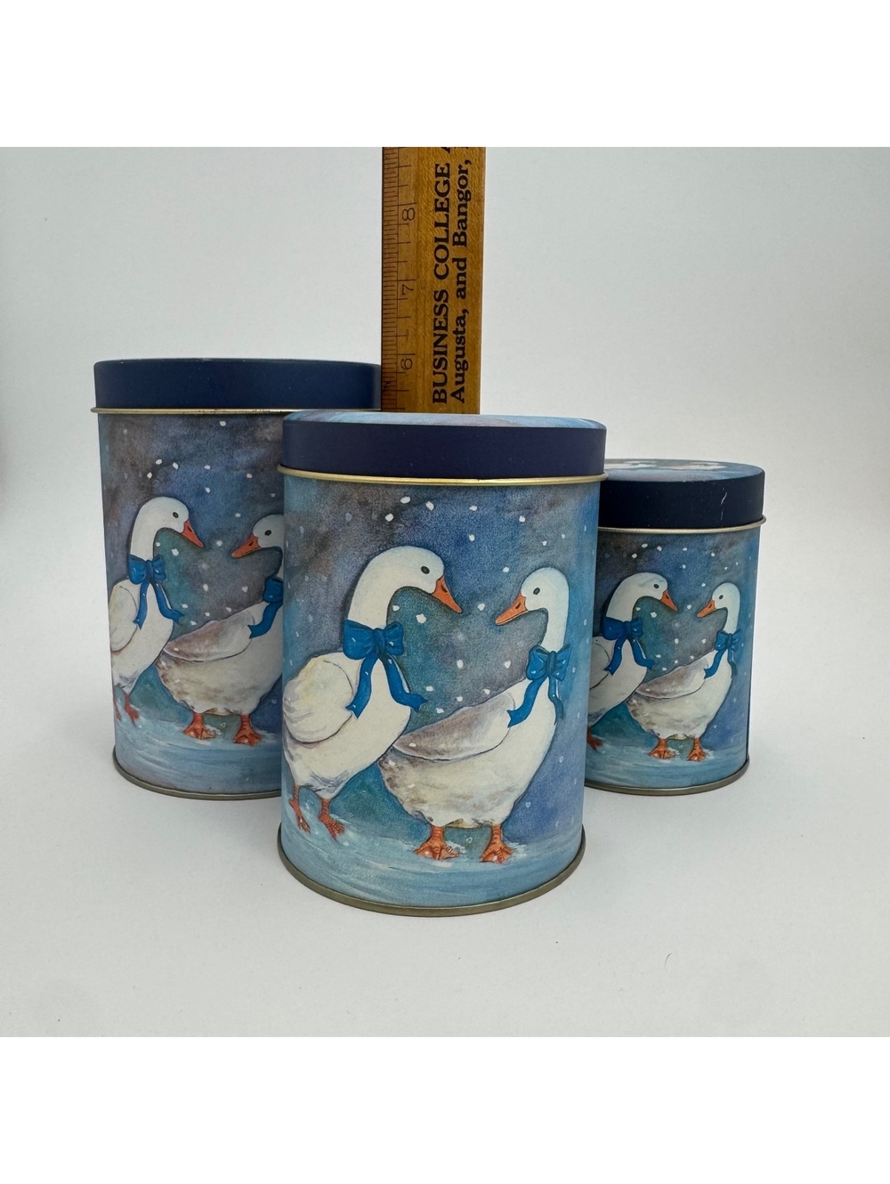 Vintage Winter Goose 3 Nesting Canisters Blue Ribbon Geese 90s Kitchen